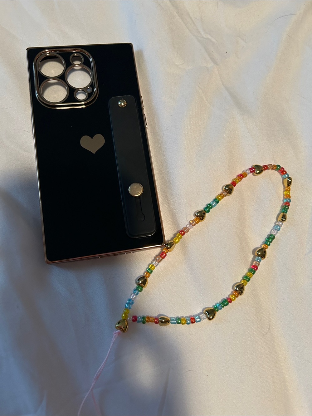 iPhone 14 Prom Black Heart case w/ Beaded Phone Charm Strap